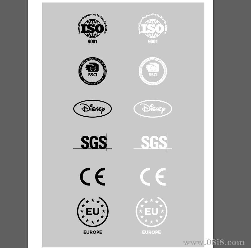 ISO、BSCI、SGS、CE、EU、DISNEP認證標AI矢量圖